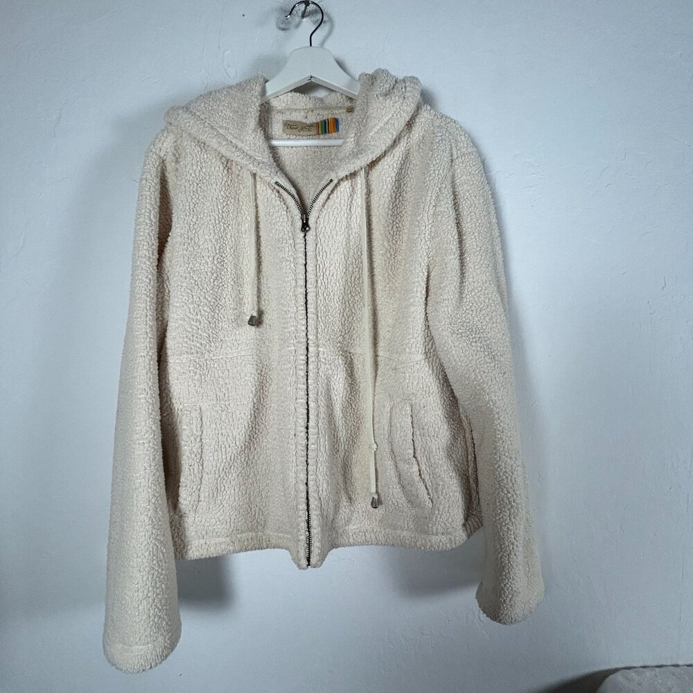 True Grit Womens Ivory Sherpa Fleece Zip-Up Hoodie Jacket XL Pockets Drawstring